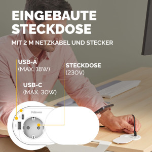 Fellowes Tisch-Einbausteckdose Power Spot, Typ F, weiß