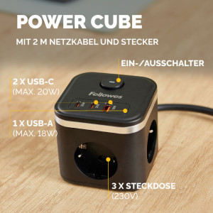 Fellowes Steckdosenwürfel Power Cube, Typ F, schwarz