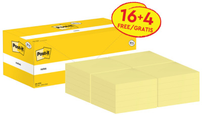 Post-it Bloc-notes adhésif, 76 x 76 mm, jaune, 18+6 gratuits