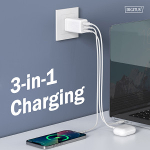 DIGITUS Chargeur secteur USB GaN, 2x USB-C / 1x USB-A, 67 W