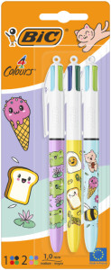 BIC Stylo à bille rétractable 4 Colours Kawaii, blister de 3
