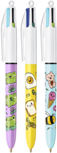 BIC Stylo à bille rétractable 4 Colours Kawaii, blister de 3