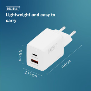 DIGITUS Chargeur secteur USB GaN, USB-C/USB-A, 45 W, blanc
