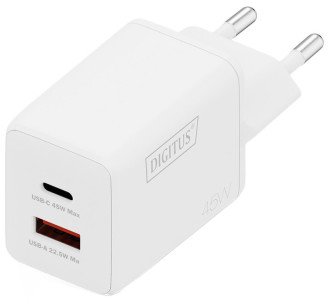 DIGITUS Chargeur secteur USB GaN, USB-C/USB-A, 45 W, blanc