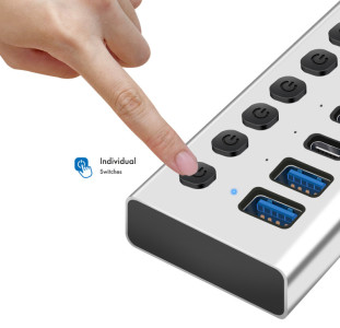 LogiLink USB 3.2 Hub, 7-Port, mit Ein-/Ausschalter, silber