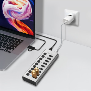 LogiLink USB 3.2 Hub, 10-Port, mit Ein-/Ausschalter, silber