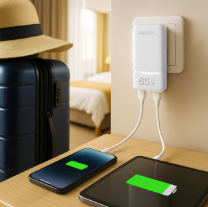 LogiLink Dual-USB GaN-Reiseladegerät, 65 Watt, extra schmal