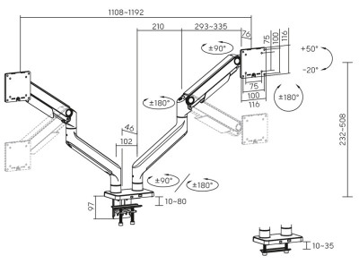 DIGITUS Support pour 2 écrans, charge max.: 2 x 20 kg, noir