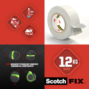 Scotch-FIX Ruban adhésif double face pour intérieur, 1,8 m