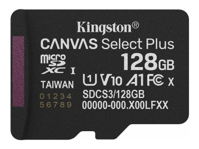 Kingston : 128GB MICROSDXC CANVAS SELECT+ GEN3 150R A1 SINGLE pack W/O ADP