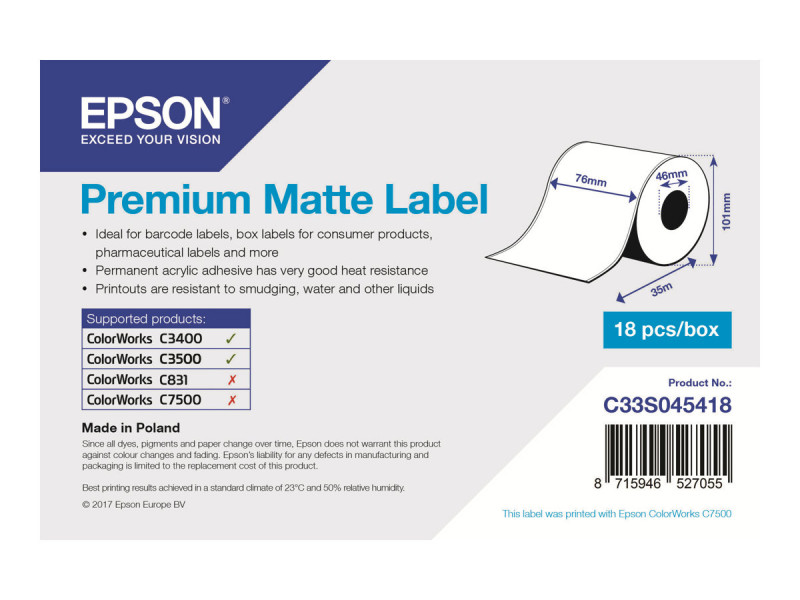 Epson : 1 rouleau PREMIUM MATTE LABEL CONT 76MM X 35M