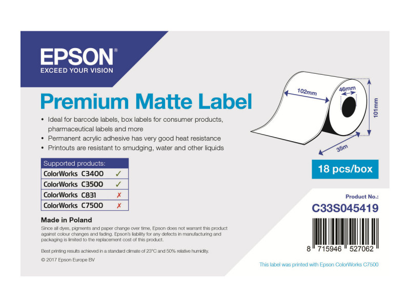 Epson : 1ROLL PREMIUM MATTE LABEL CONT 102MM X 35M MINORDERQTY: 18