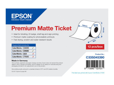 Epson : MATTE TICKET - ROLL 102MM X 50M pour TM-C3400 - MOQ 12PCS