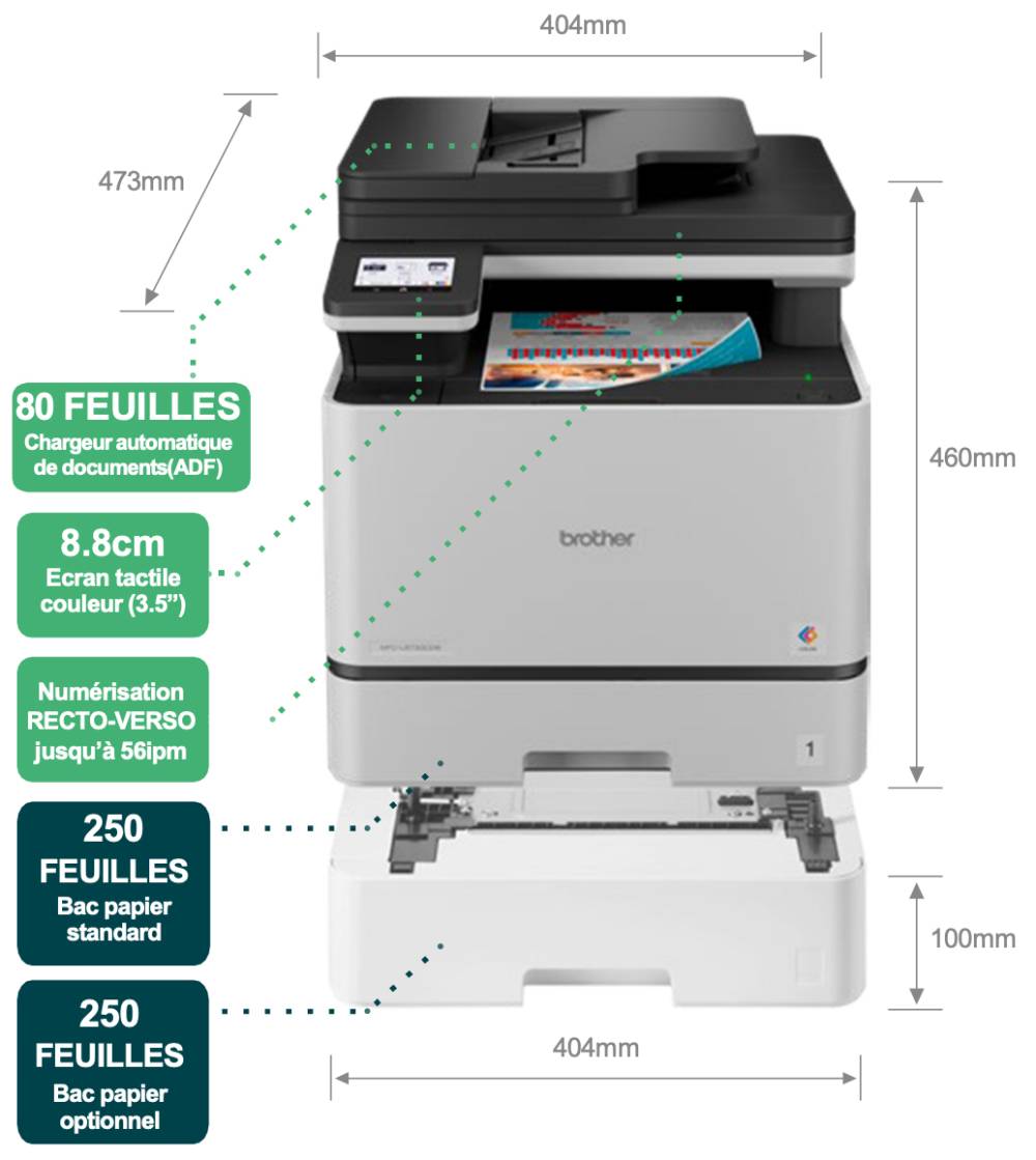 MFC-L8730cdw dimensions et bacs optionnels