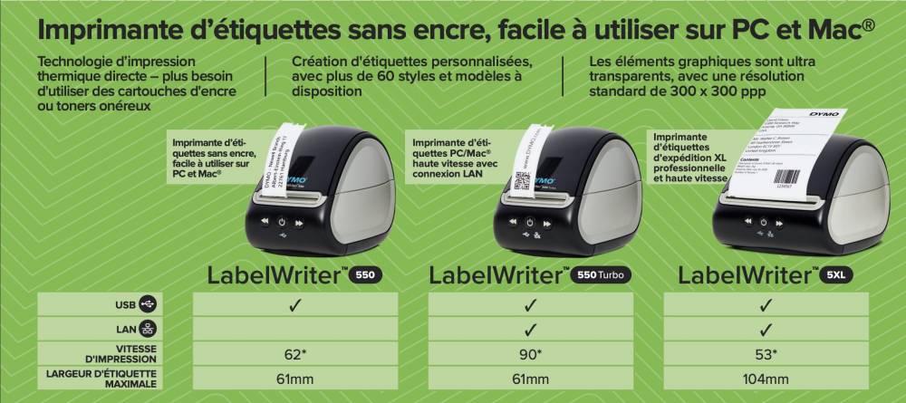 Imprimante d'étiquettes sans fil noire à impression thermique directe  LabelWriter DYMO